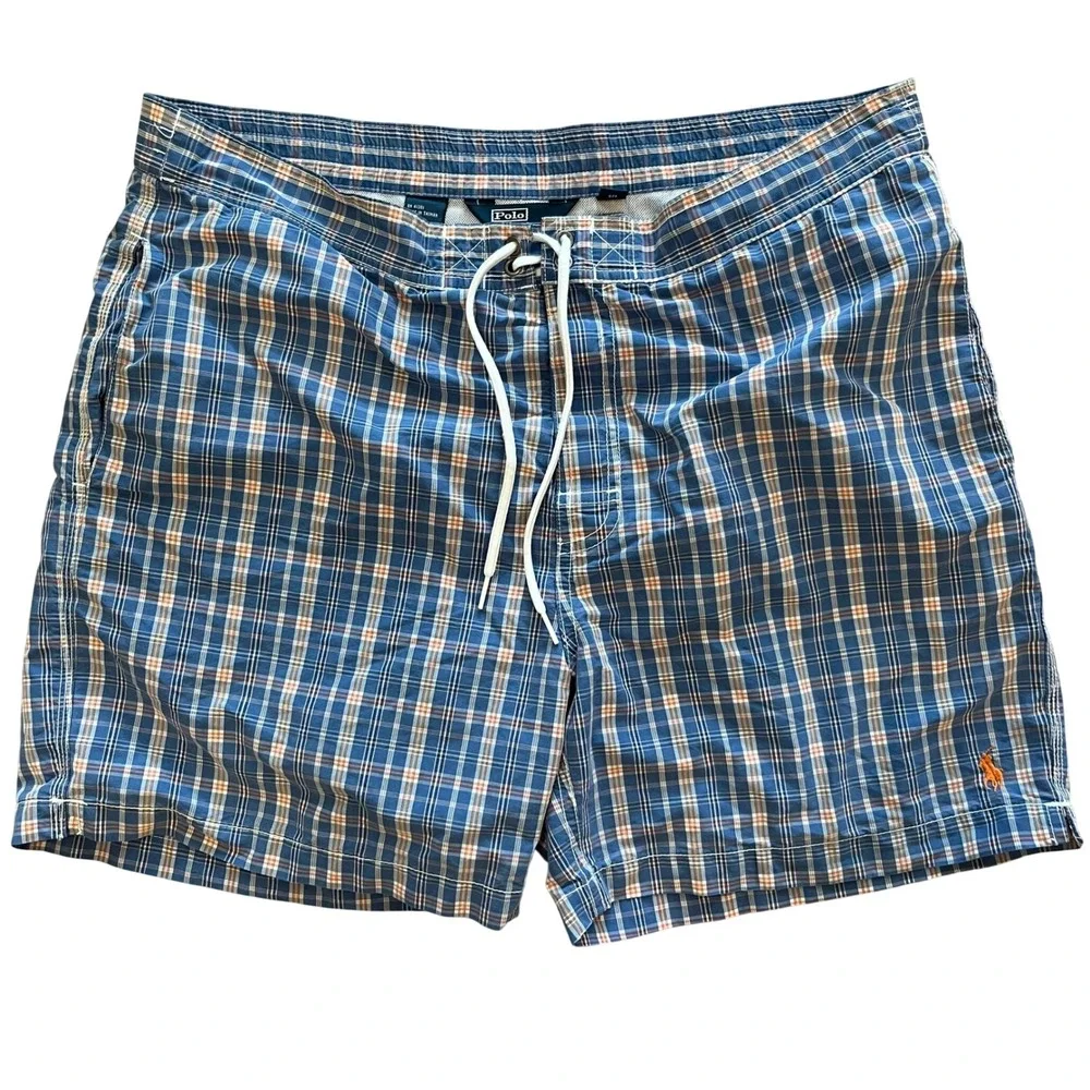 Polo Ralph Lauren Mens Blue Orange Plaid Swim Trunks‎ L Lined 6 Inch Inseam